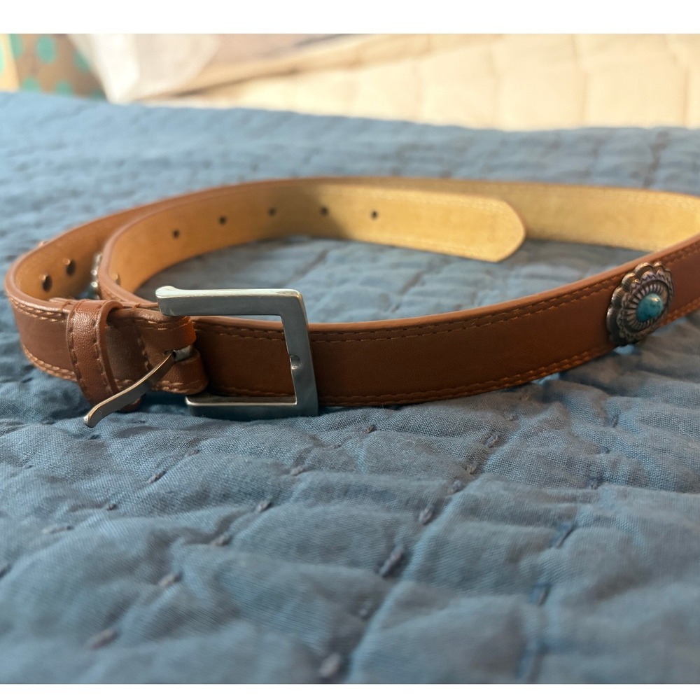 Western Tan Leather Lined Concho Belt Turquoise Accents Silver Buckle S Boho